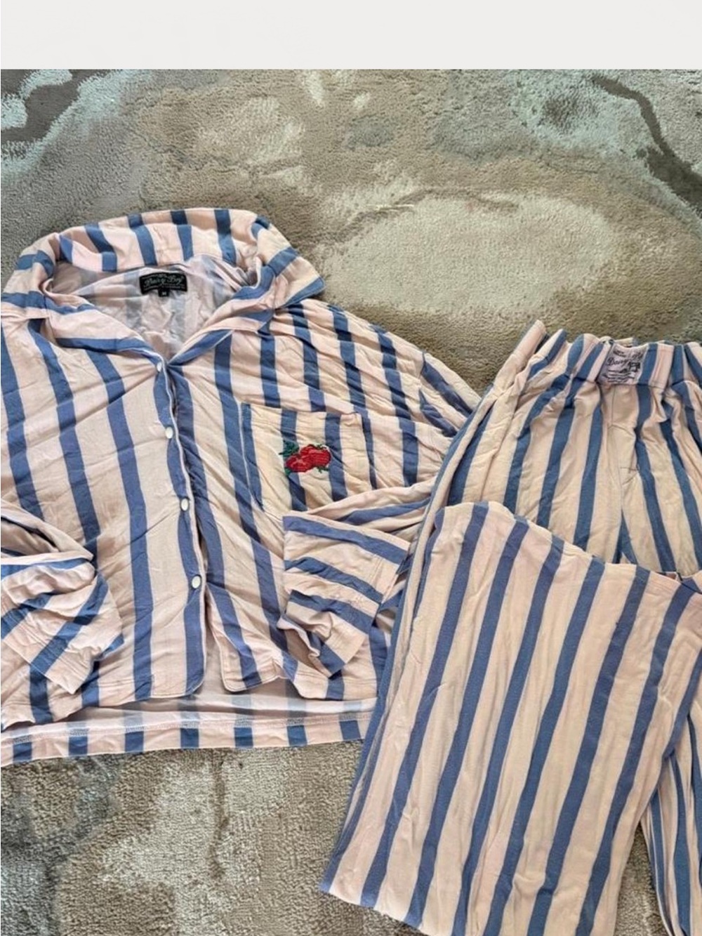 Striped Blue & Cream Hooded Pajama Set with Embroidered Strawberry - Women